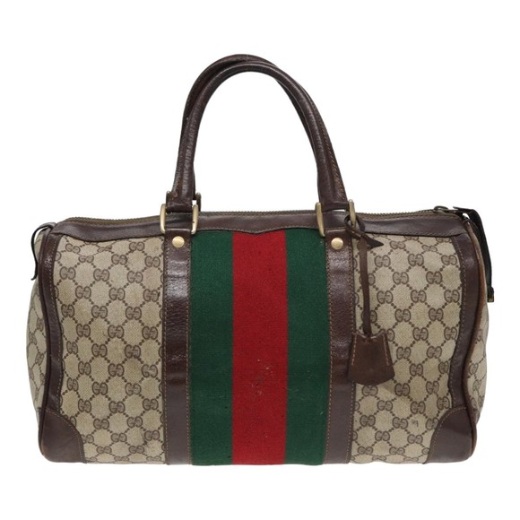 GUCCI GG Supreme Web Sherry Line Boston Bag PVC Beige Red Green Auth 84232 - Picture 13 of 16